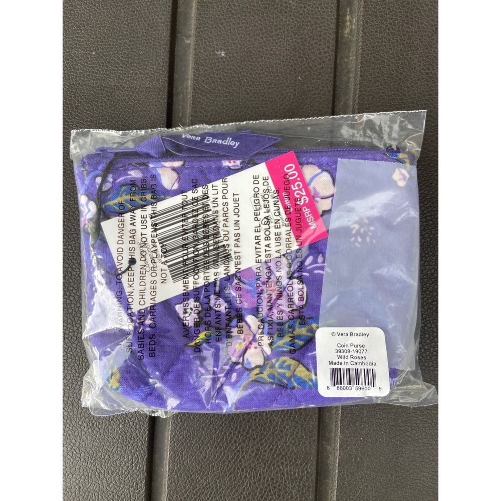 Vera Bradley Wild Roses Quilted Cotton Coin Purse Zip Pouch Purple Floral NWT - Picture 6 of 6